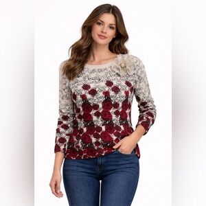 XXI Floral Rose Print Knit Top w/ Fabric Flower Detail | Small